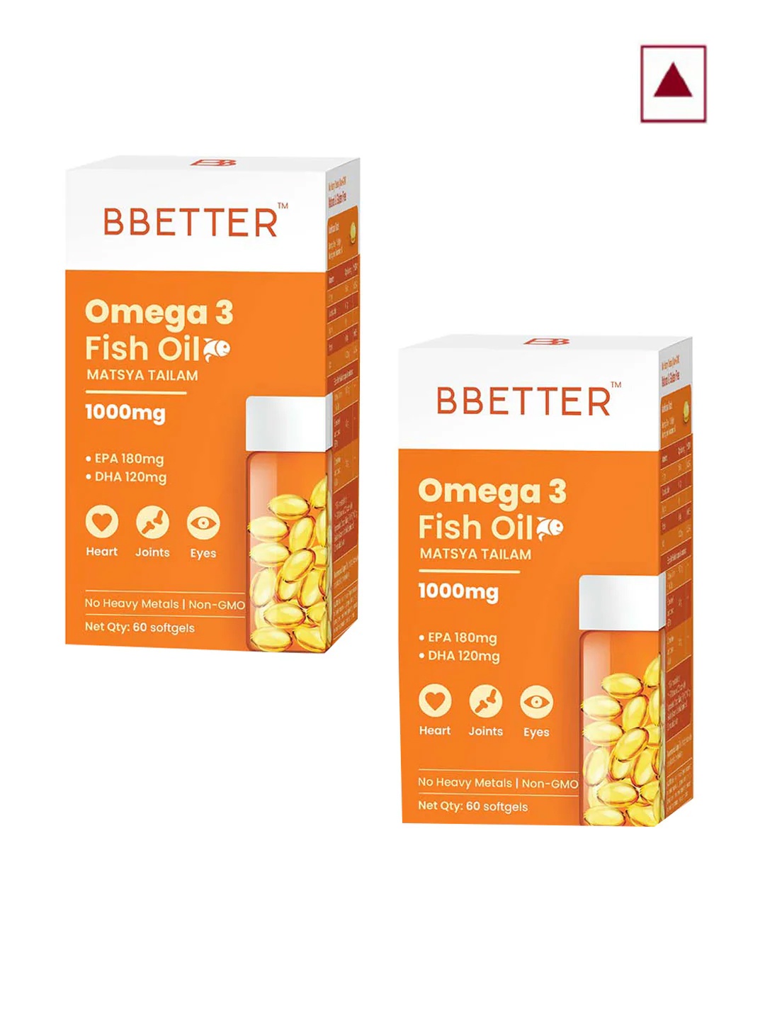 

BBETTER Set Of 2 Omega 3 Fish Oil 1000mg Capsules For Heart & Joints - 60 Pcs Each, Orange