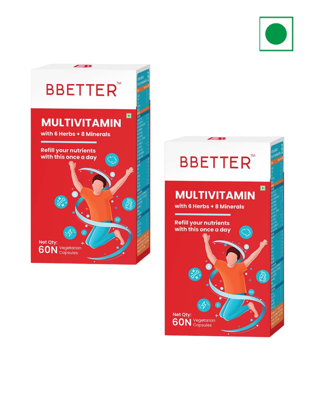 

BBETTER Set Of 2 Multivitamin Capsules With 6 Herbs & 8 Minerals For Immunity - 60Pcs Each, Red