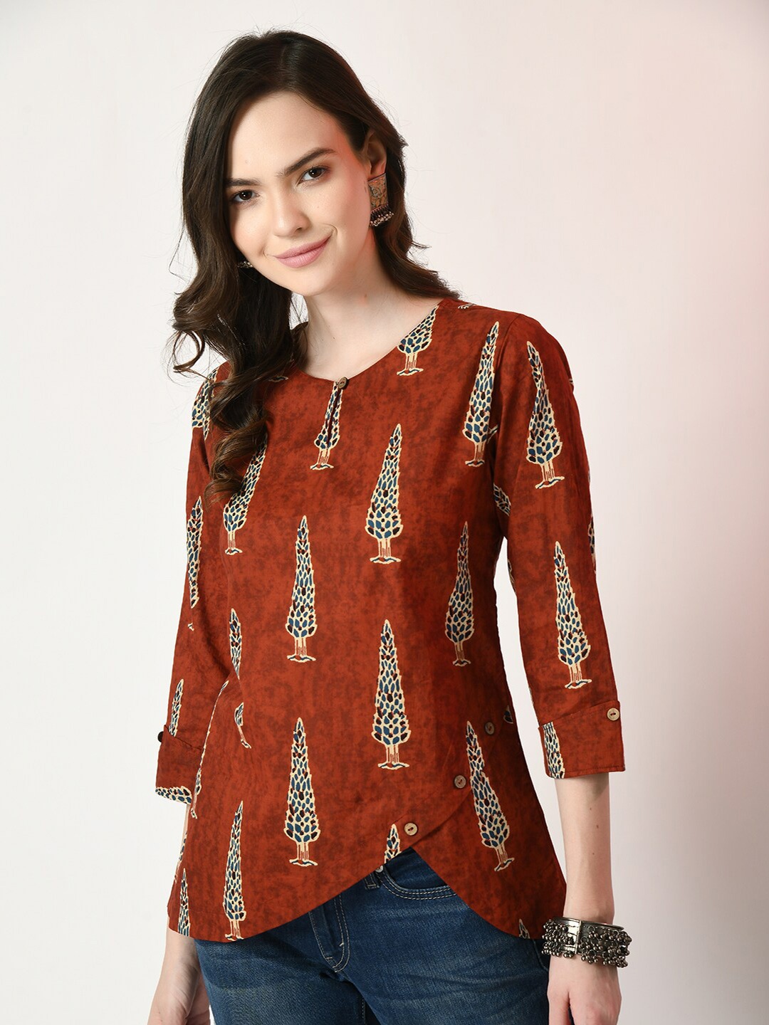 

Sangria Abstract Printed Regular Cotton Top, Rust