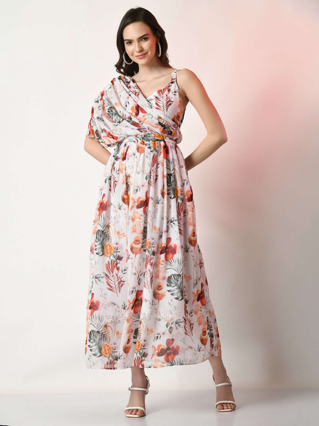 

Sangria Floral Printed One-Shoulder Extended Sleeves Casual Maxi Dress, White