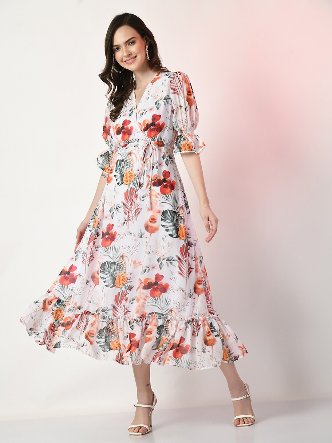 

Sangria Floral Printed Puff Sleeves Fit & Flare Dress, White