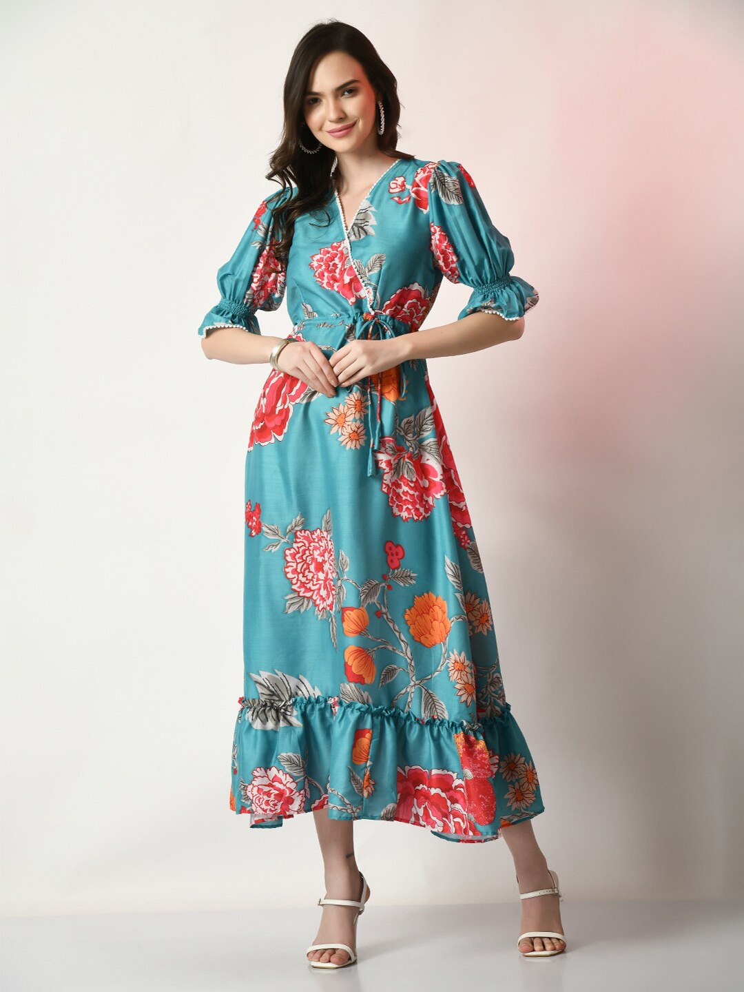 

Sangria Floral Printed Puff Sleeves Fit & Flare Dress, Blue