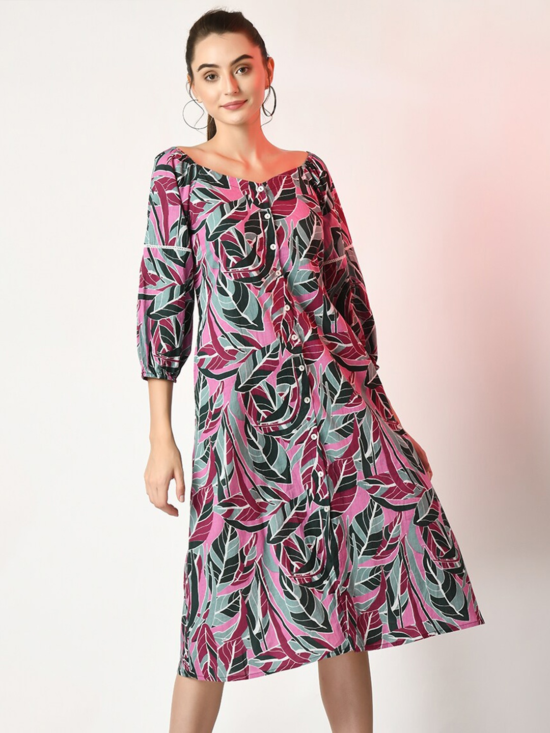 

Sangria Floral Printed Fit & Flared Midi Dress, Magenta