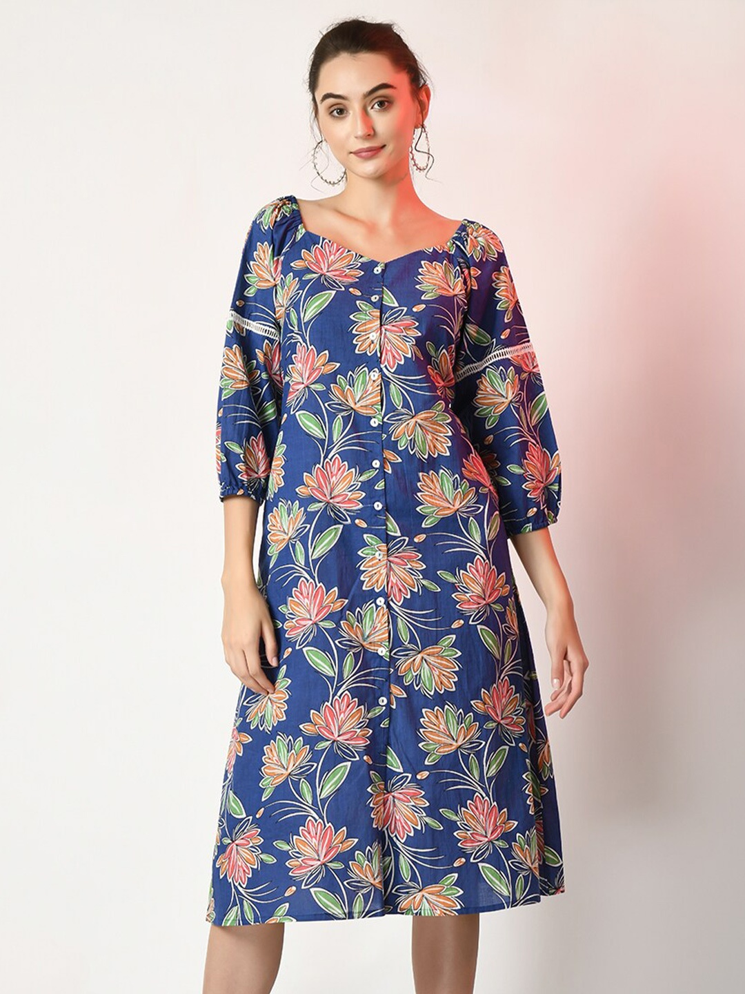 

Sangria Floral Printed Cotton Fit & Flare Dress, Blue