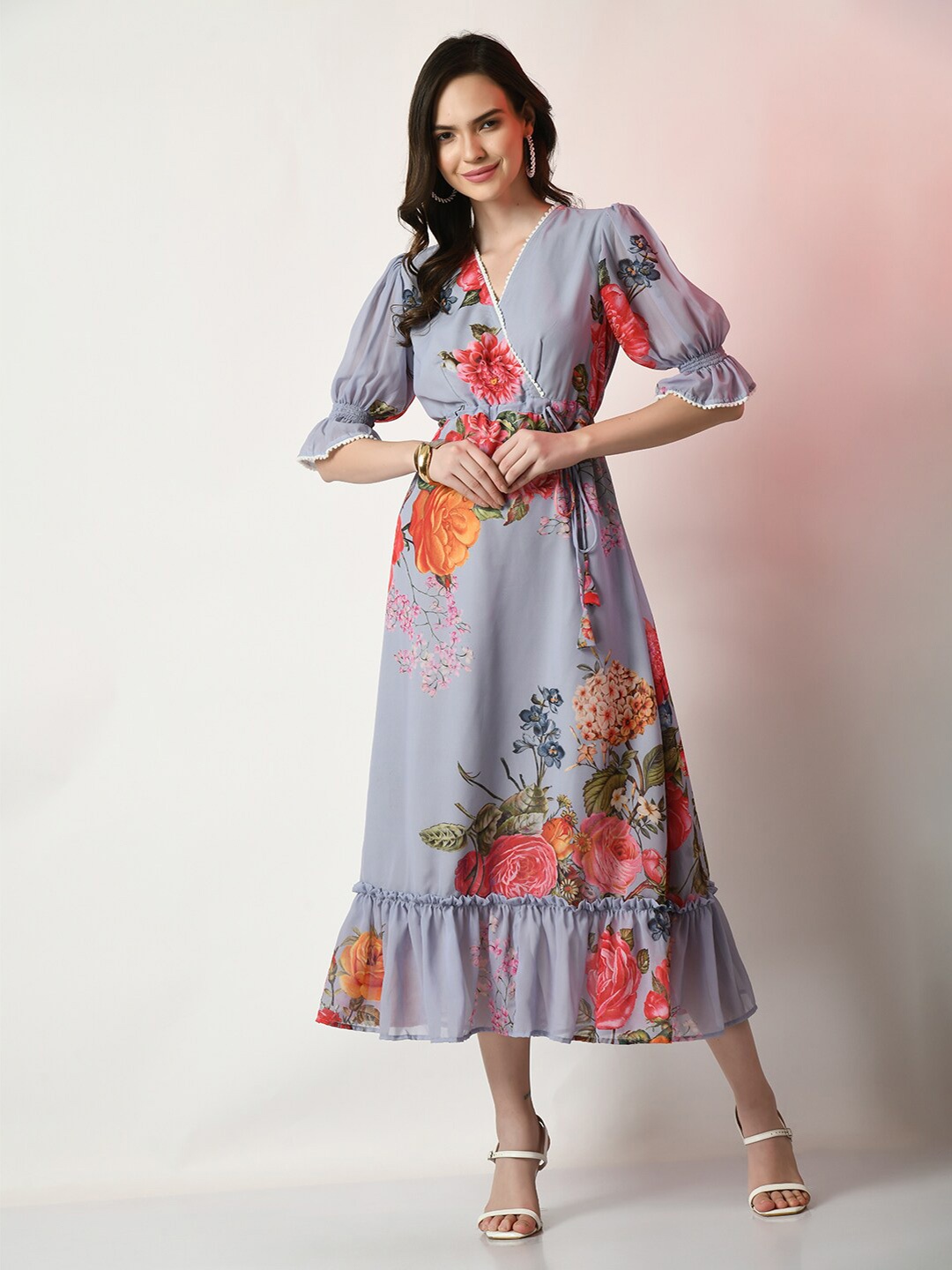 

Sangria Floral Printed Puff Sleeves A-Line Midi Dress, Grey