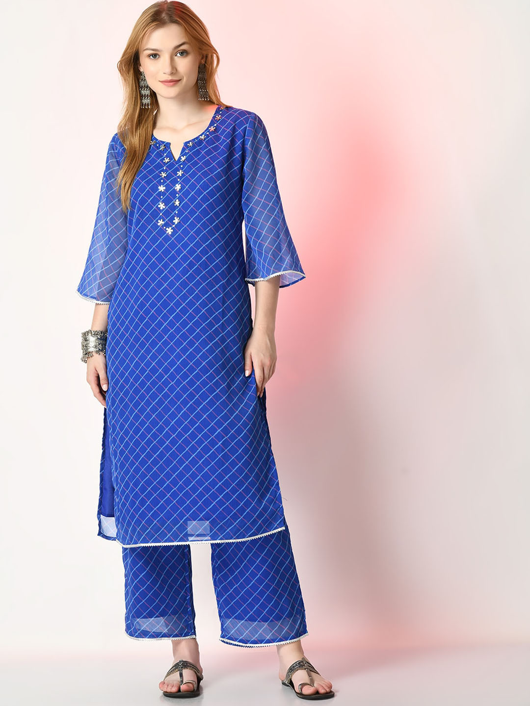 

Sangria Checked Printed Straight Kurta With Trouser, Blue