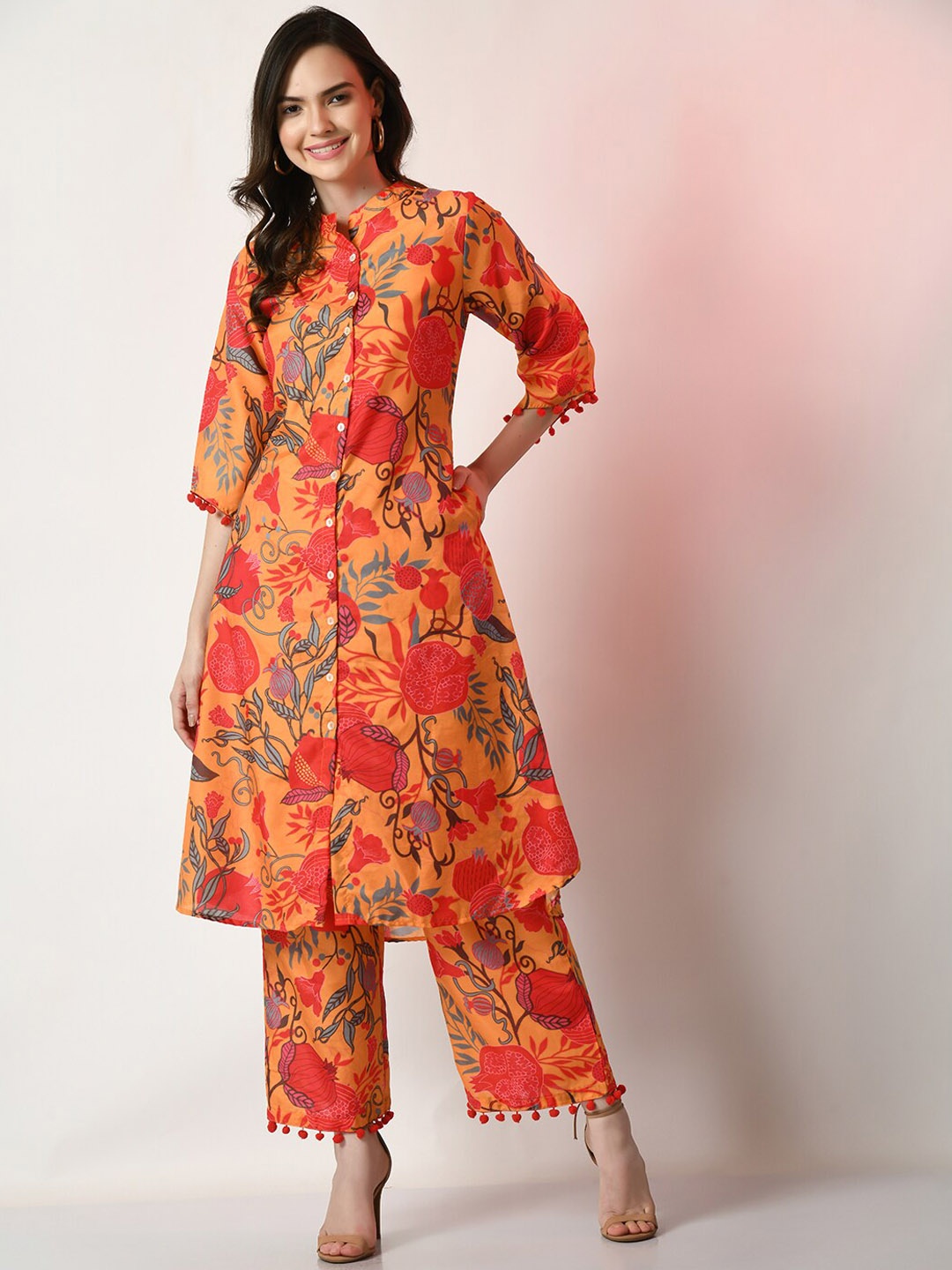 

Sangria Floral Printed Mandarin Collar A-Line Kurta With Palazzo, Yellow