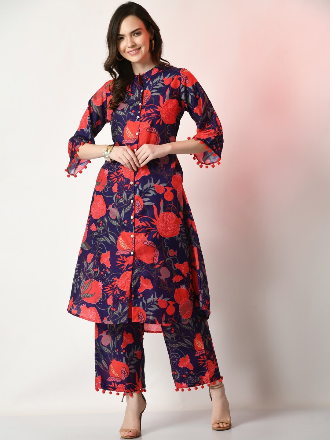 

Sangria Floral Printed Band Collar A-Line Kurta With Palazzo, Navy blue