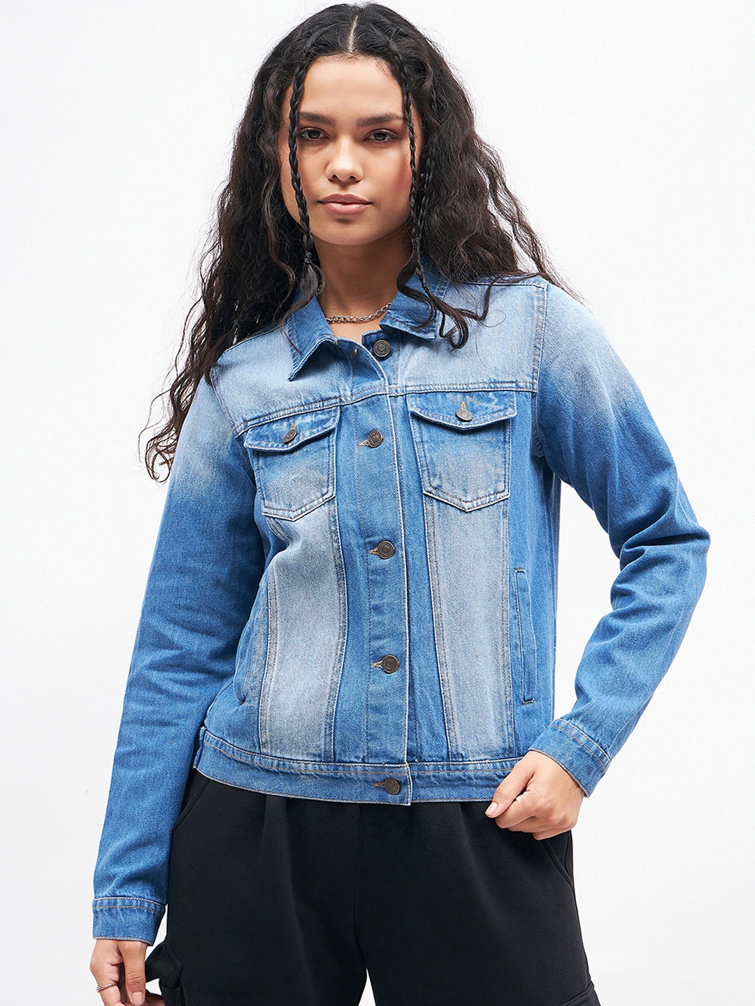 

SASSAFRAS Spread Collar Washed Crop Denim Jacket, Blue