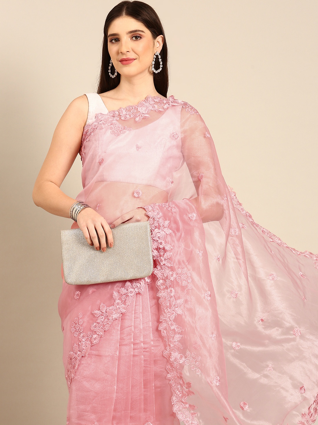 

BAPS Floral Embroidered Organza Designer Saree, Pink