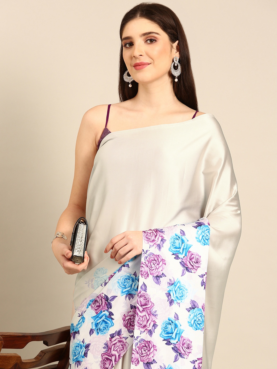 

BAPS Floral Sequined Satin Designer Saree, Beige