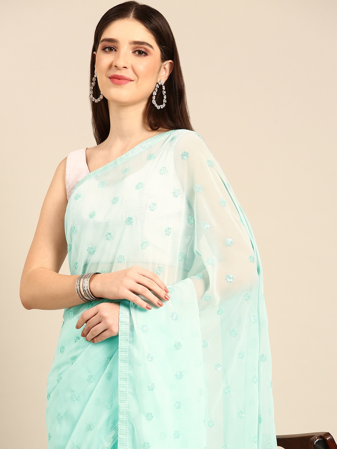 BAPS Green Floral Sequinned Pure Georgette Designer Saree