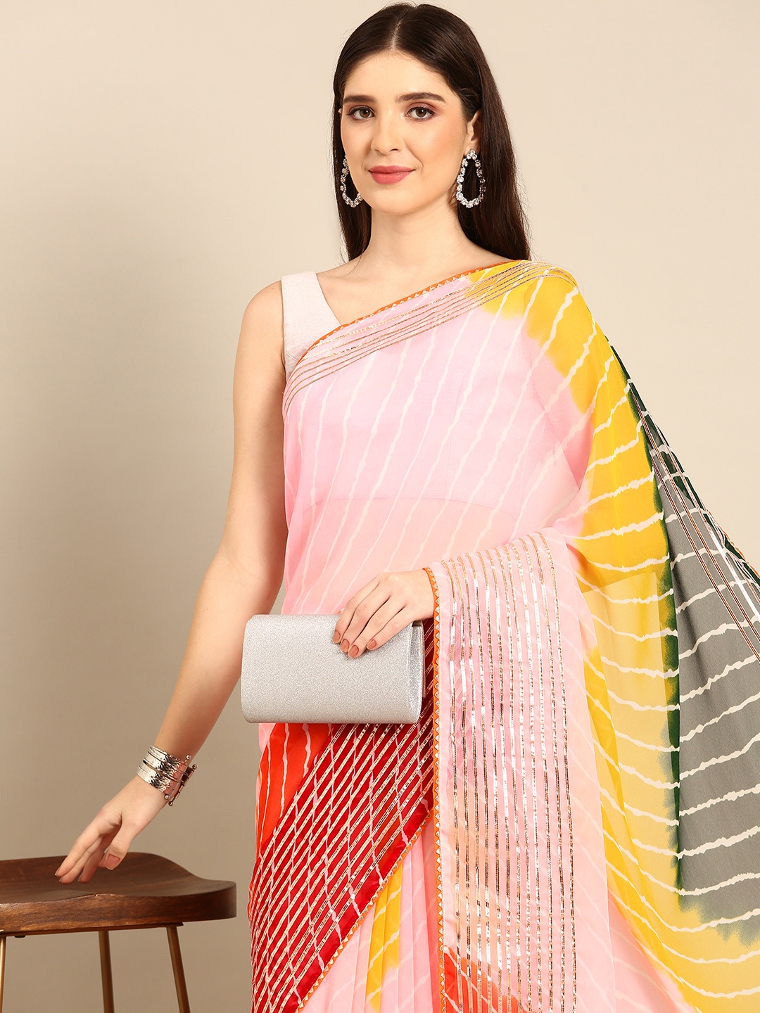 

BAPS Striped Gotta Patti Pure Georgette Saree, Multi