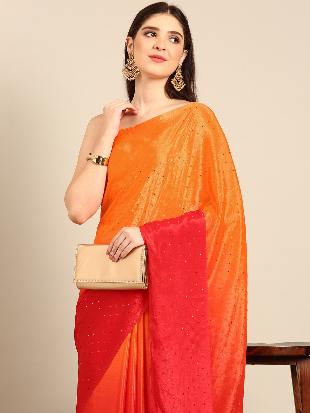 

BAPS Colourblocked Beads and Stones Pure Chiffon Designer Saree, Orange