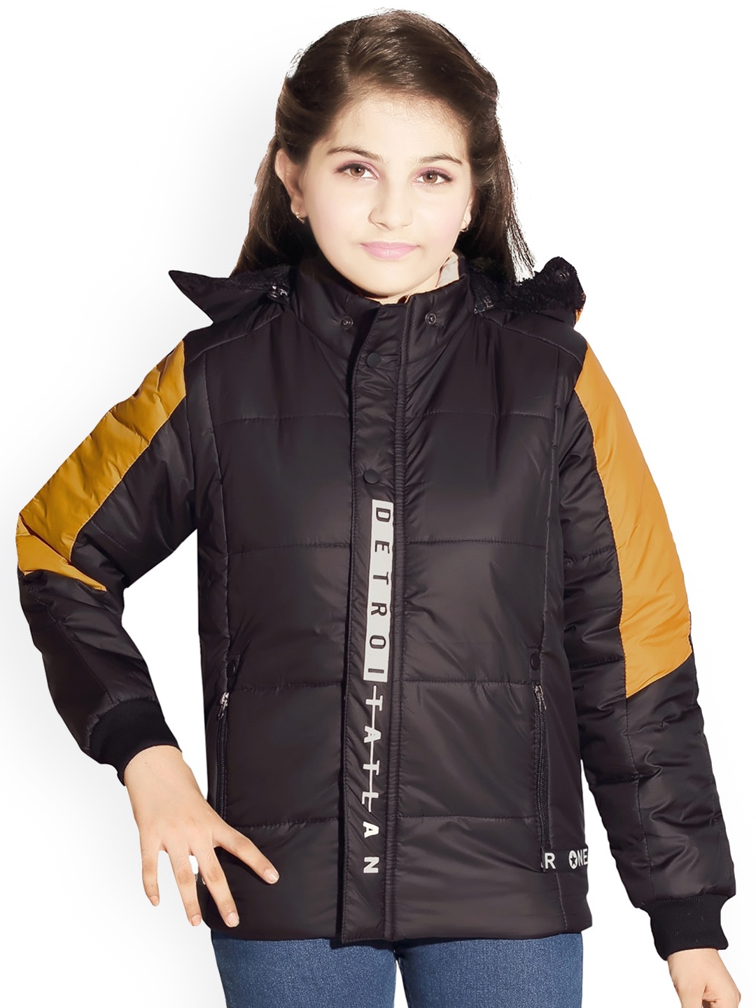 

BAESD Girls Colourblocked Hooded Quilted Jacket, Black