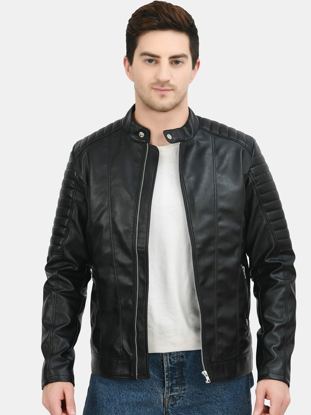 

TBOJ Stand Collar Lightweight Biker Jacket With Zip Detail, Black