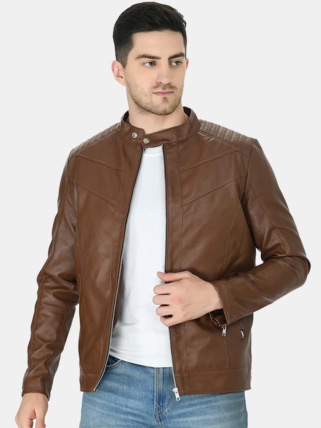 

TBOJ Stand Collar Lightweight Anti Odour Leather Jacket, Tan