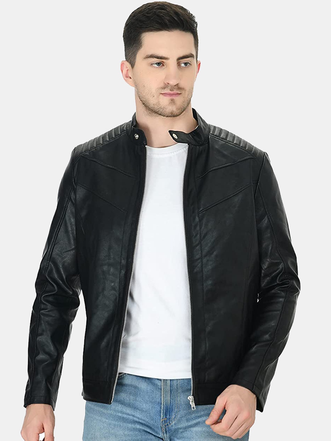 

TBOJ Stand Collar Lightweight Biker Jacket With Zip Detail, Black