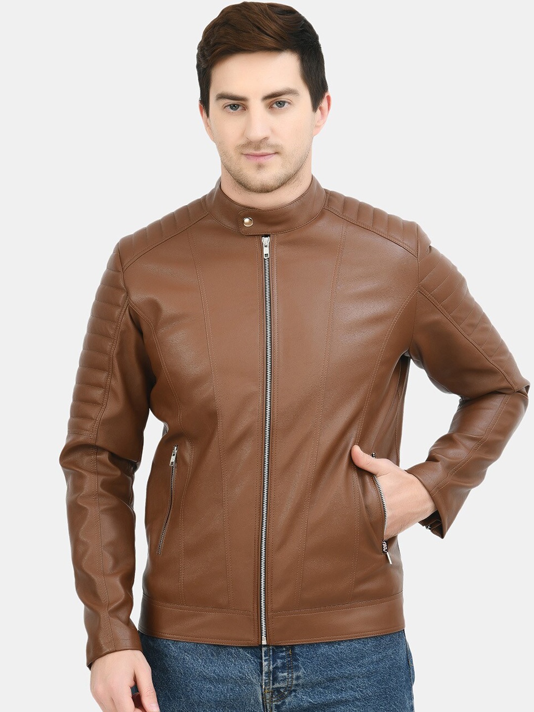 

TBOJ Stand Collar Lightweight Biker Jacket With Zip Detail, Tan