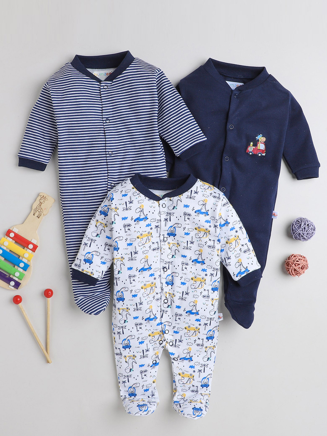

BUMZEE Infants Boys Pack Of 3 Cotton Sleepsuits, Navy blue