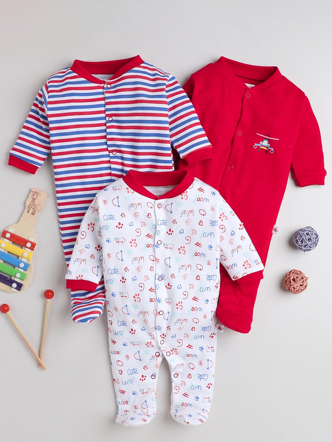 

BUMZEE Infants Boys Pack Of 3 Cotton Sleepsuits, Red