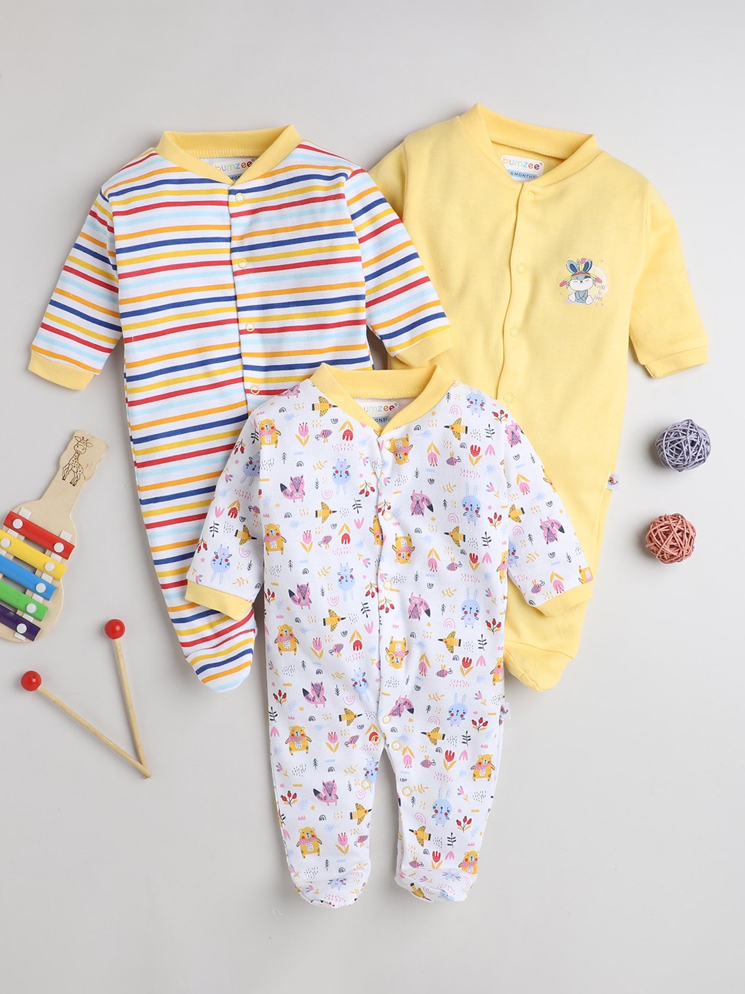 

BUMZEE Infant Girls Pack Of 3 Cotton Sleepsuits, Yellow