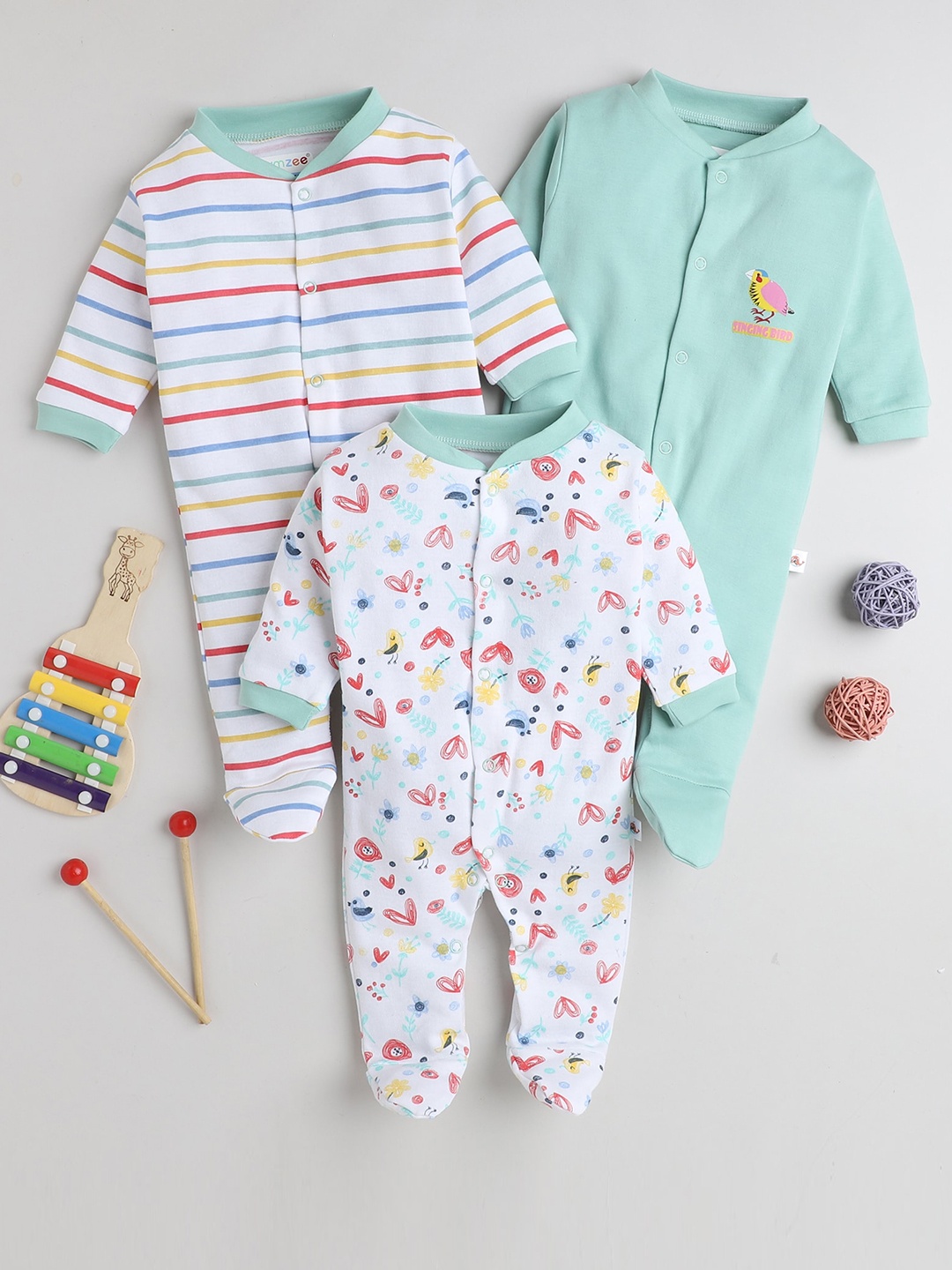 

BUMZEE Infants Girls Pack Of 3 Cotton Sleepsuits, Green