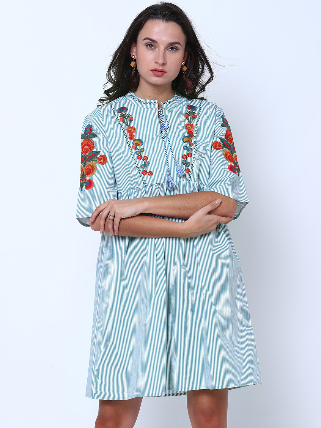 

Tokyo Talkies Women Blue & White Striped Fit and Flare Dress
