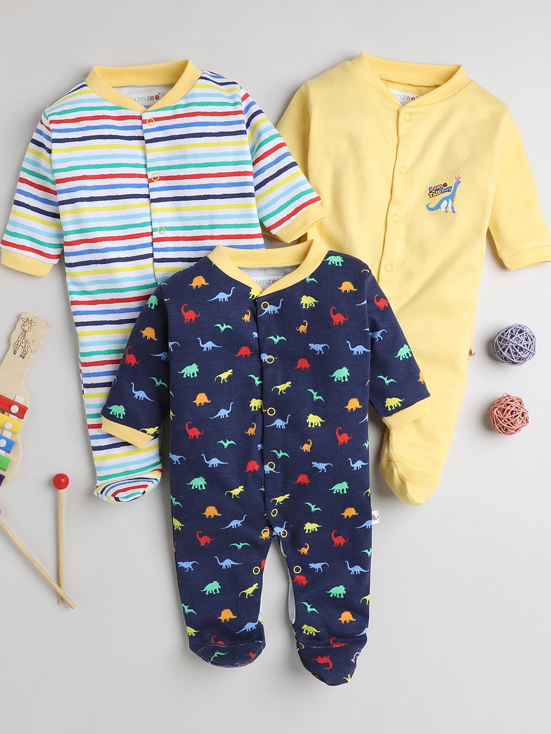 

BUMZEE Infants Boys Pack Of 3 Cotton Sleepsuits, Navy blue