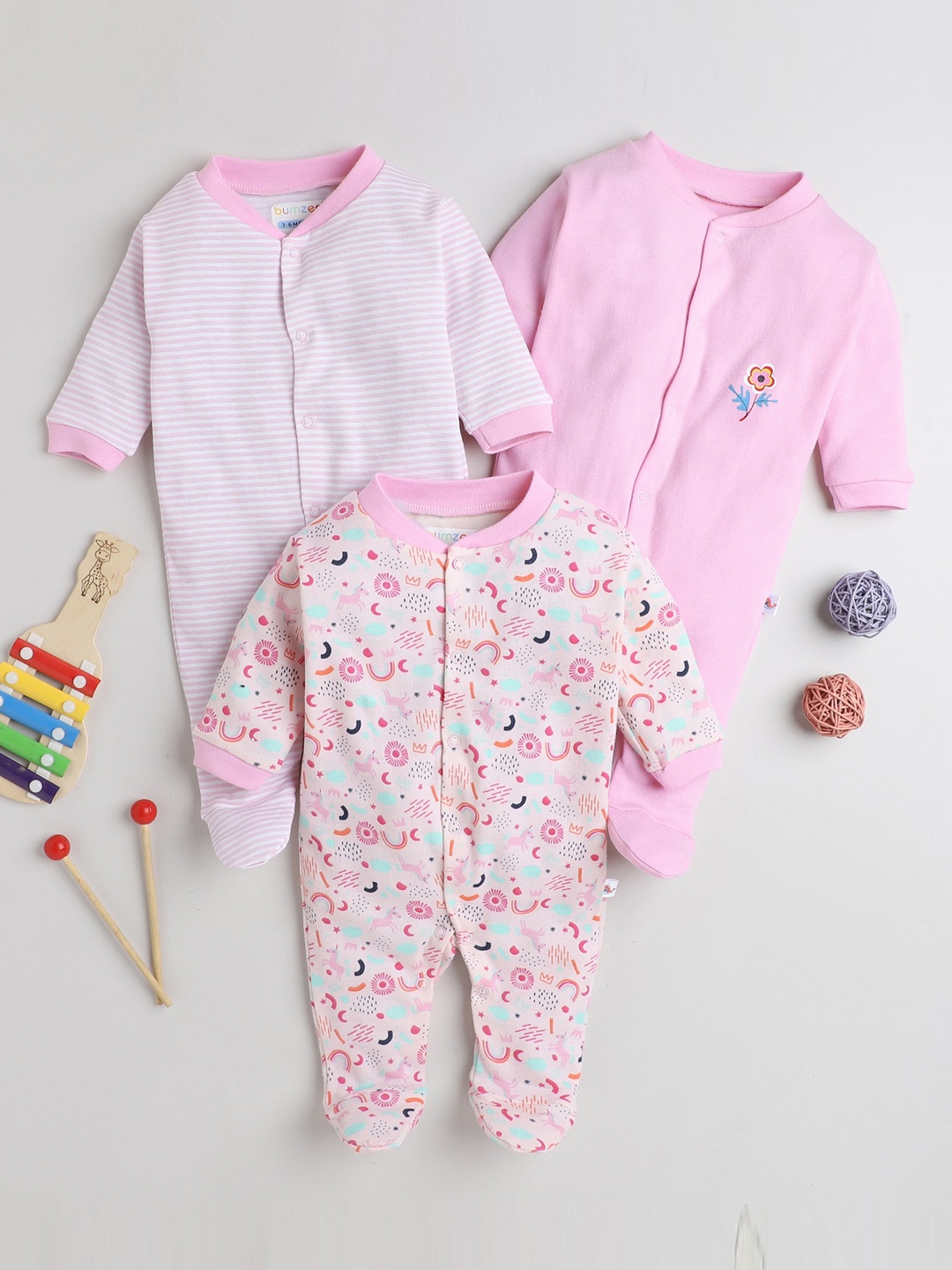 

BUMZEE Infants Girls Pack Of 3 Cotton Sleepsuits, Pink