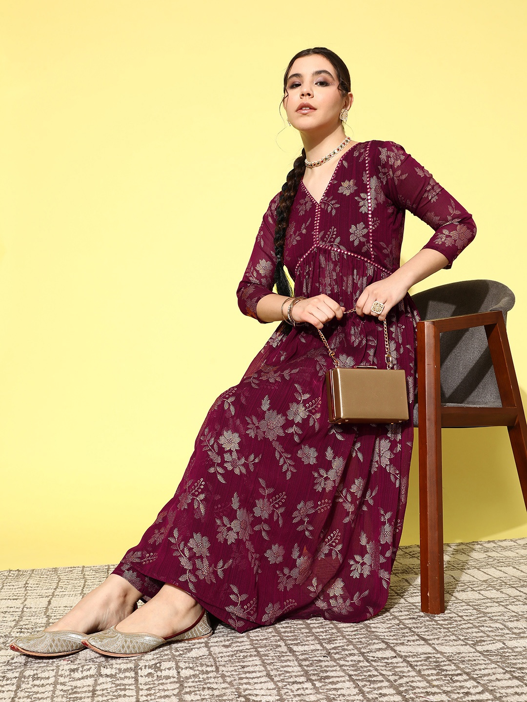 

Kvsfab Women Ethnic Motifs Printed Pleated Mirror Work Kurta with Palazzos, Maroon