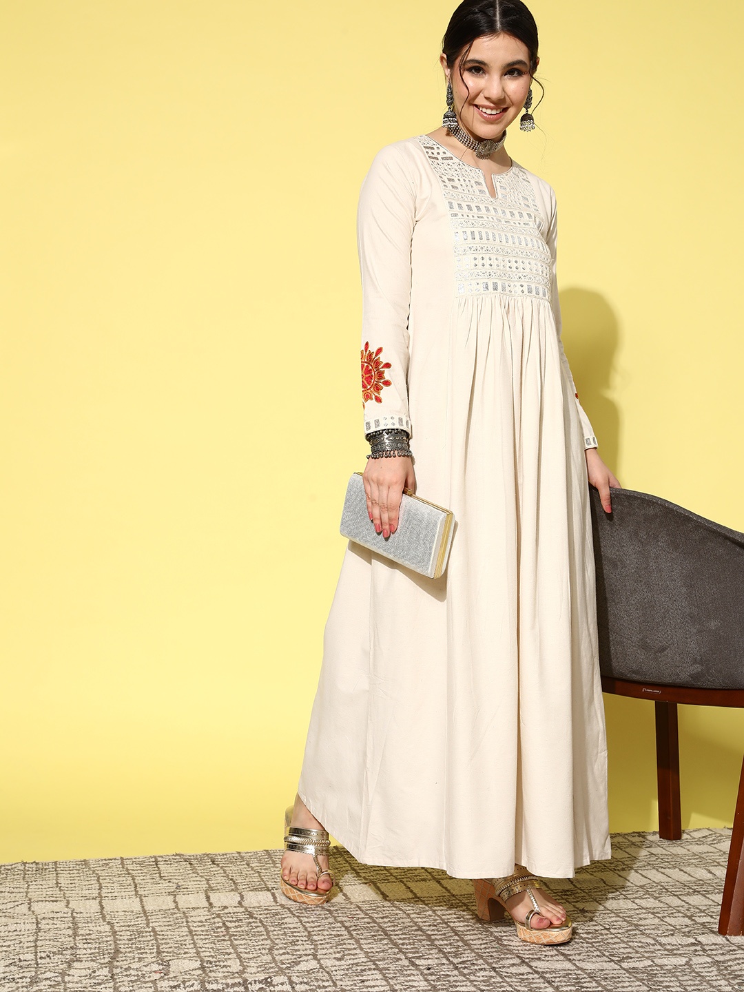 

Kvsfab Ethnic Motifs Embroidered Maxi Gown Dress, Off white