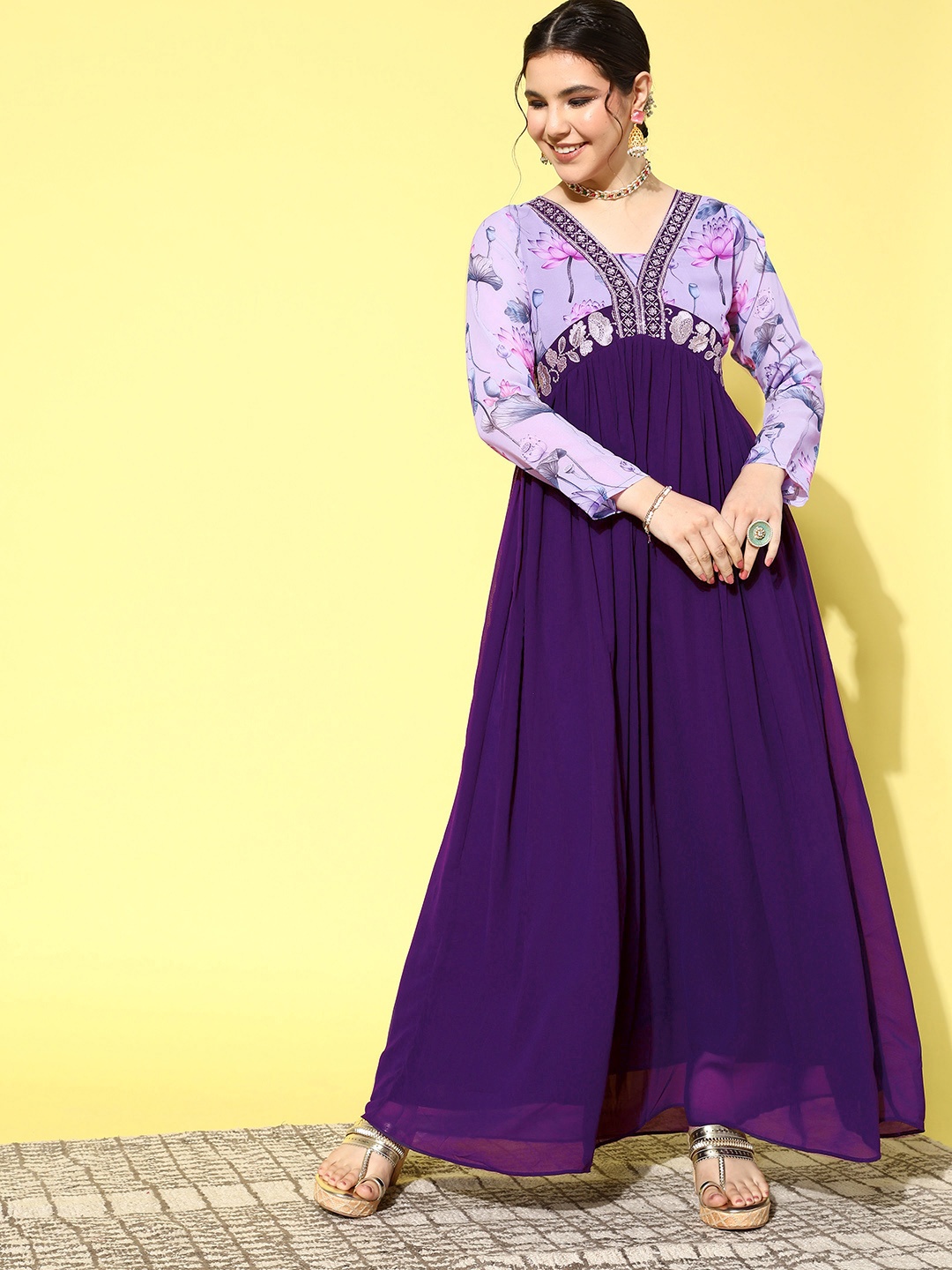 

Kvsfab Floral Embroidered Georgette Maxi Gown Dress, Purple