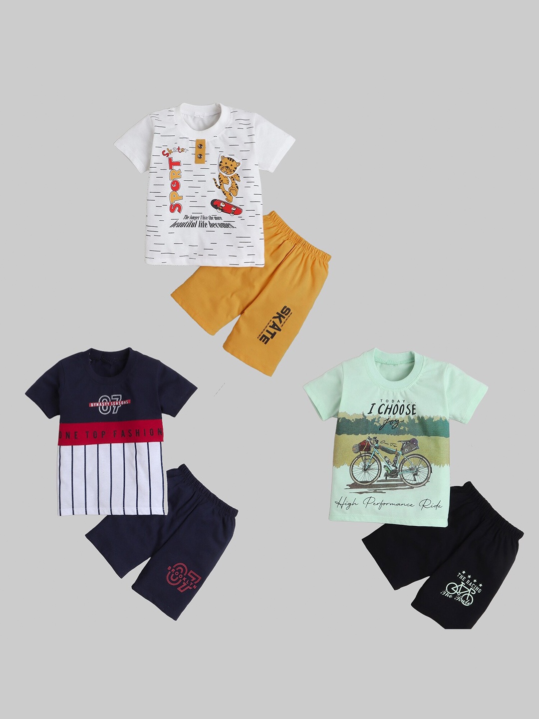 

FOURFOLDS Infant Boys Pack Of 3 Printed T-shirt with Shorts, Mustard