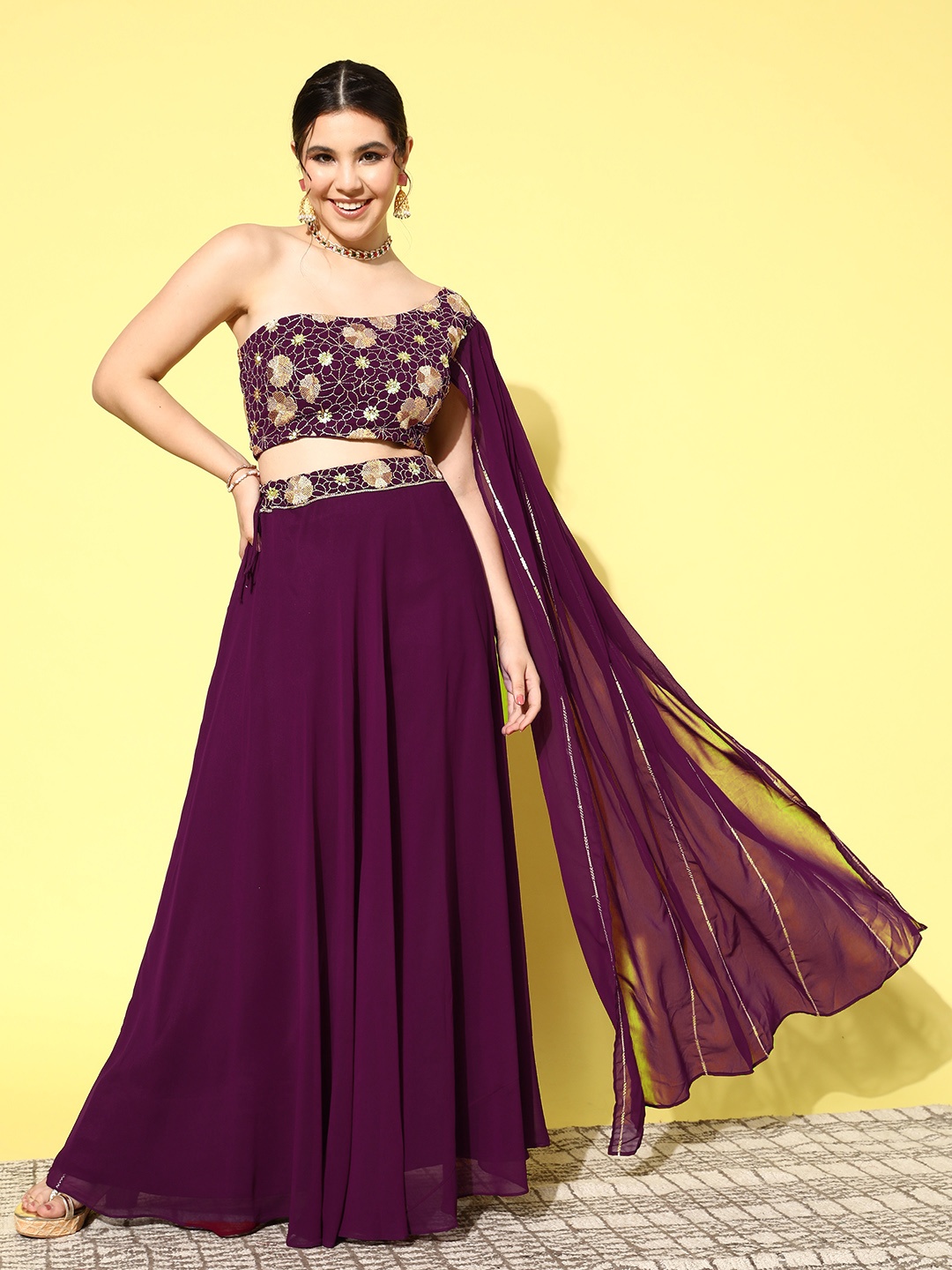 

Kvsfab Floral Sequinned Ready to Wear Lehenga, Purple