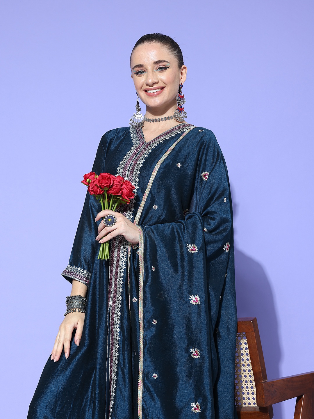 

Kvsfab Floral Embroidered Pleated Sequinned Kurta with Trousers & Dupatta, Teal