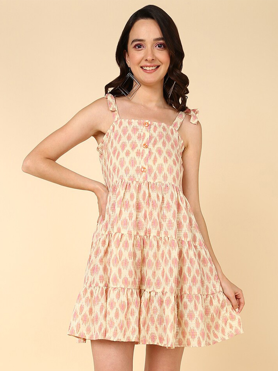 

HERE&NOW Geometric Embroidered Shoulder-Straps A-Line Dress, Cream