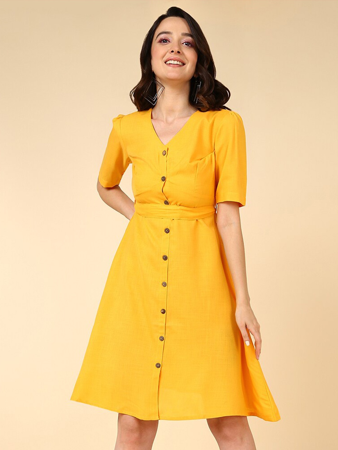 

HERE&NOW Puffed Sleeves Cotton A-Line Dress, Yellow