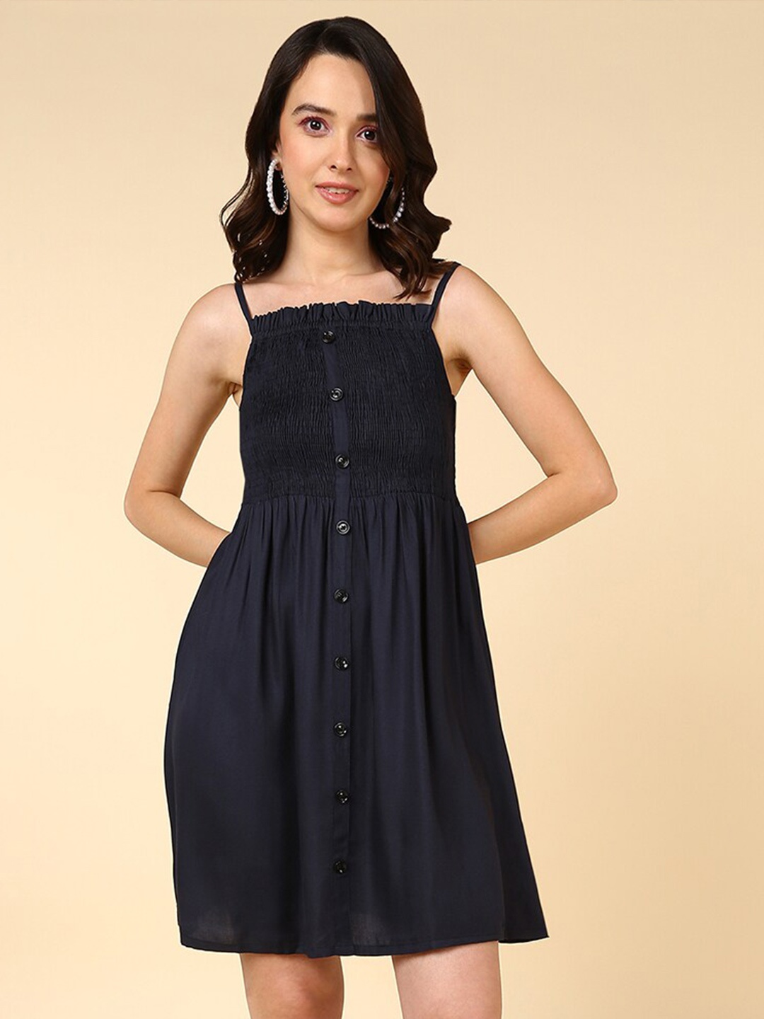 

HERE&NOW Shoulder Straps Smocked Pinafore Dress, Navy blue