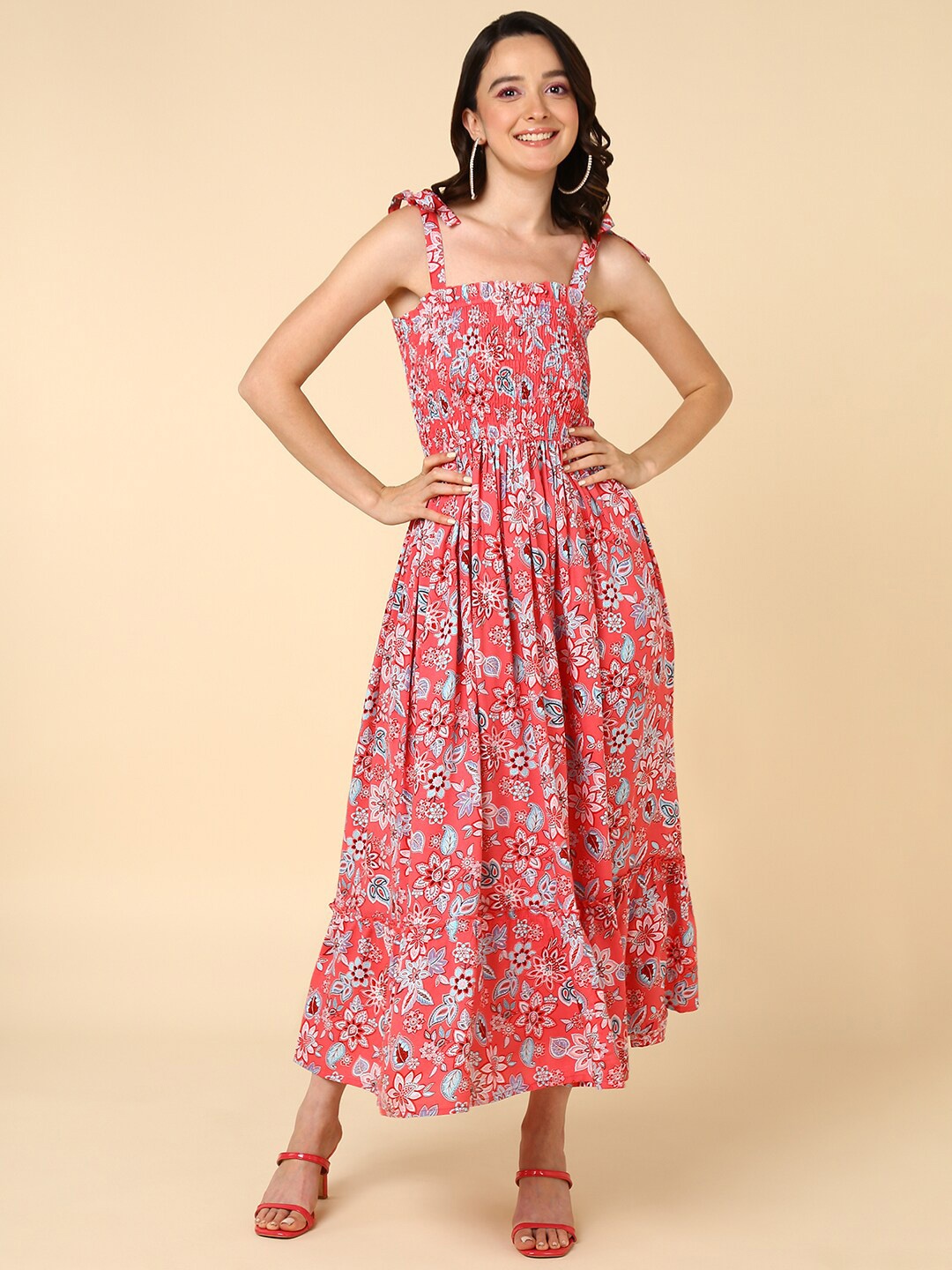 

HERE&NOW Pink Floral Printed Shoulder Straps Fit & Flare Midi Dress