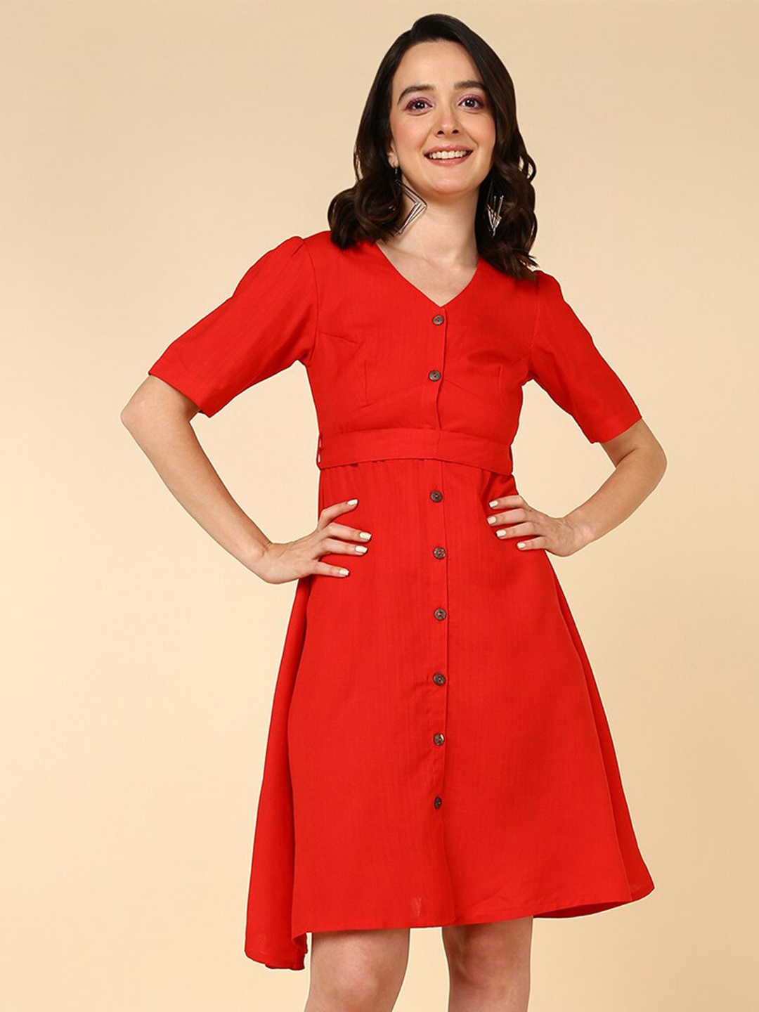 

HERE&NOW V-Neck Cotton Shirt Dress, Red