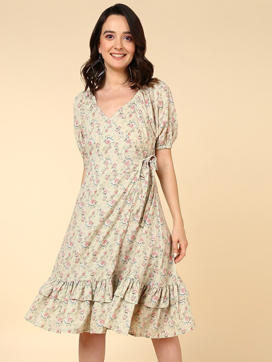 

HERE&NOW Floral Printed Puff Sleeve Wrap Dress, Beige