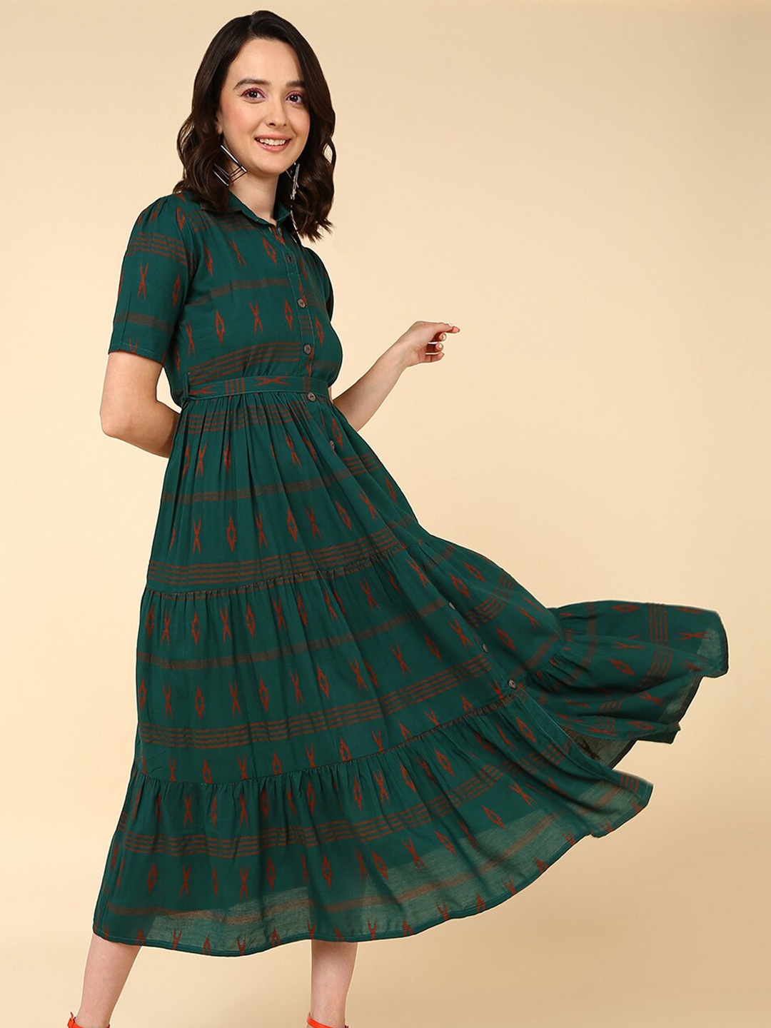 

HERE&NOW Ethnic Motifs Printed Fit and Flare Midi Dress, Green