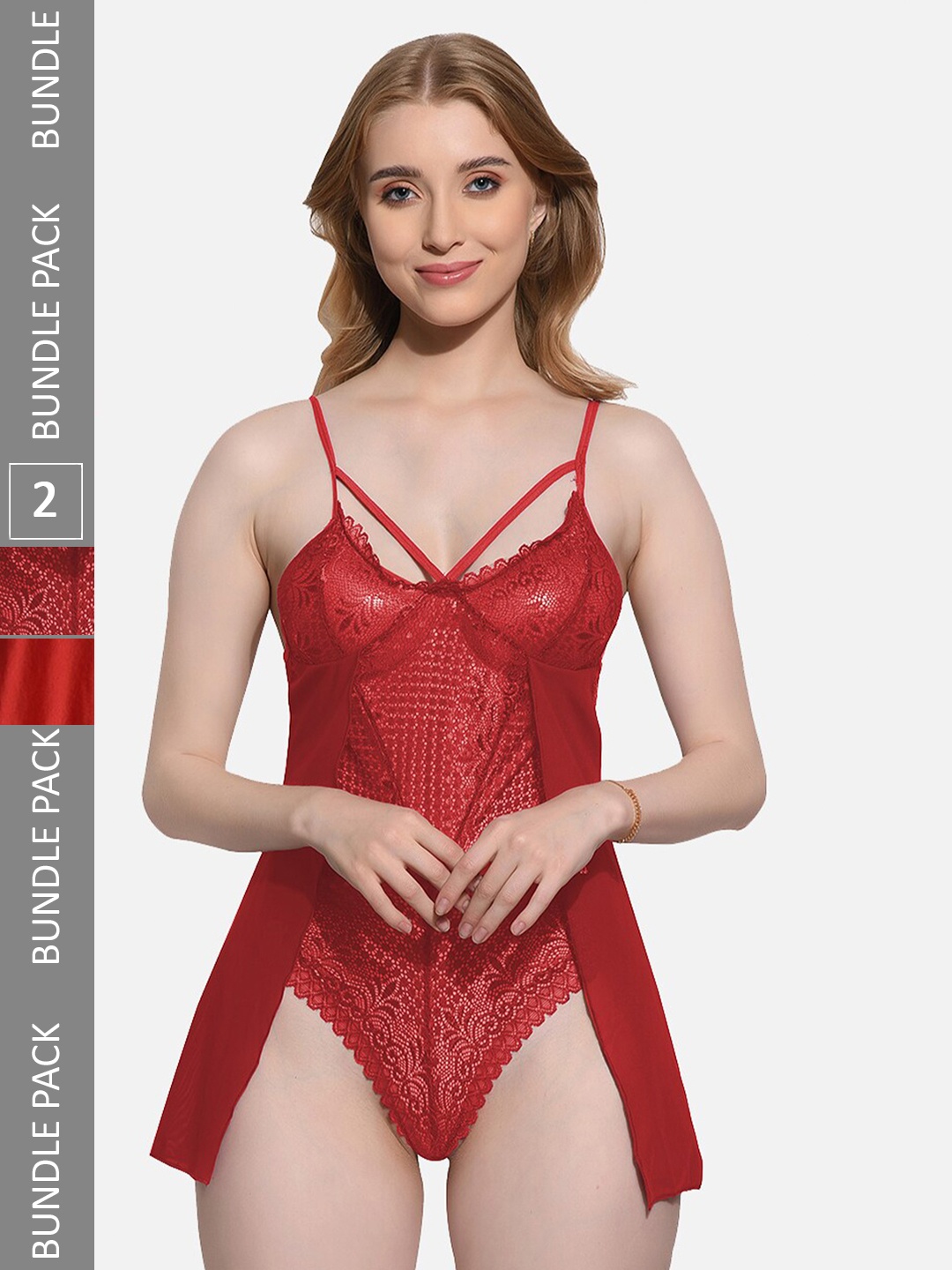 

FIMS Pack Of 2 Self Design Babydoll, Red