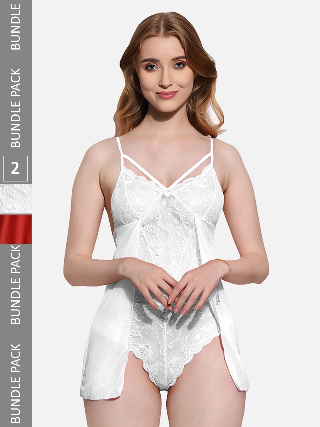 

FIMS Pack Of 2 Self Design Babydoll, White