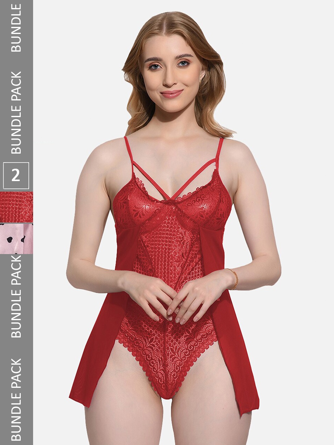 

FIMS Pack Of 2 Self Design Babydoll, Red