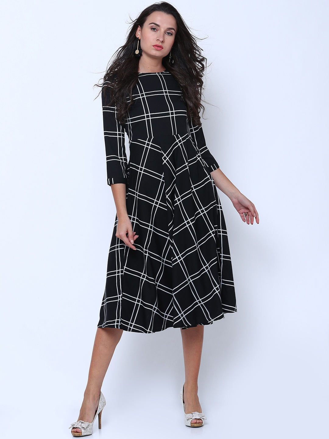 

Tokyo Talkies Women Black Checked Fit and Flare Dress