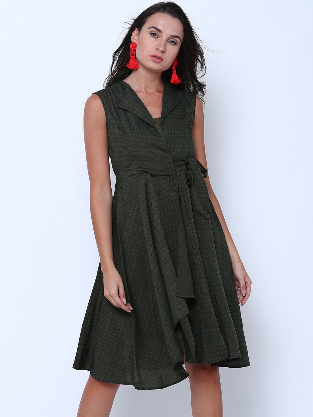 

Tokyo Talkies Women Olive Green Checked Wrap Dress