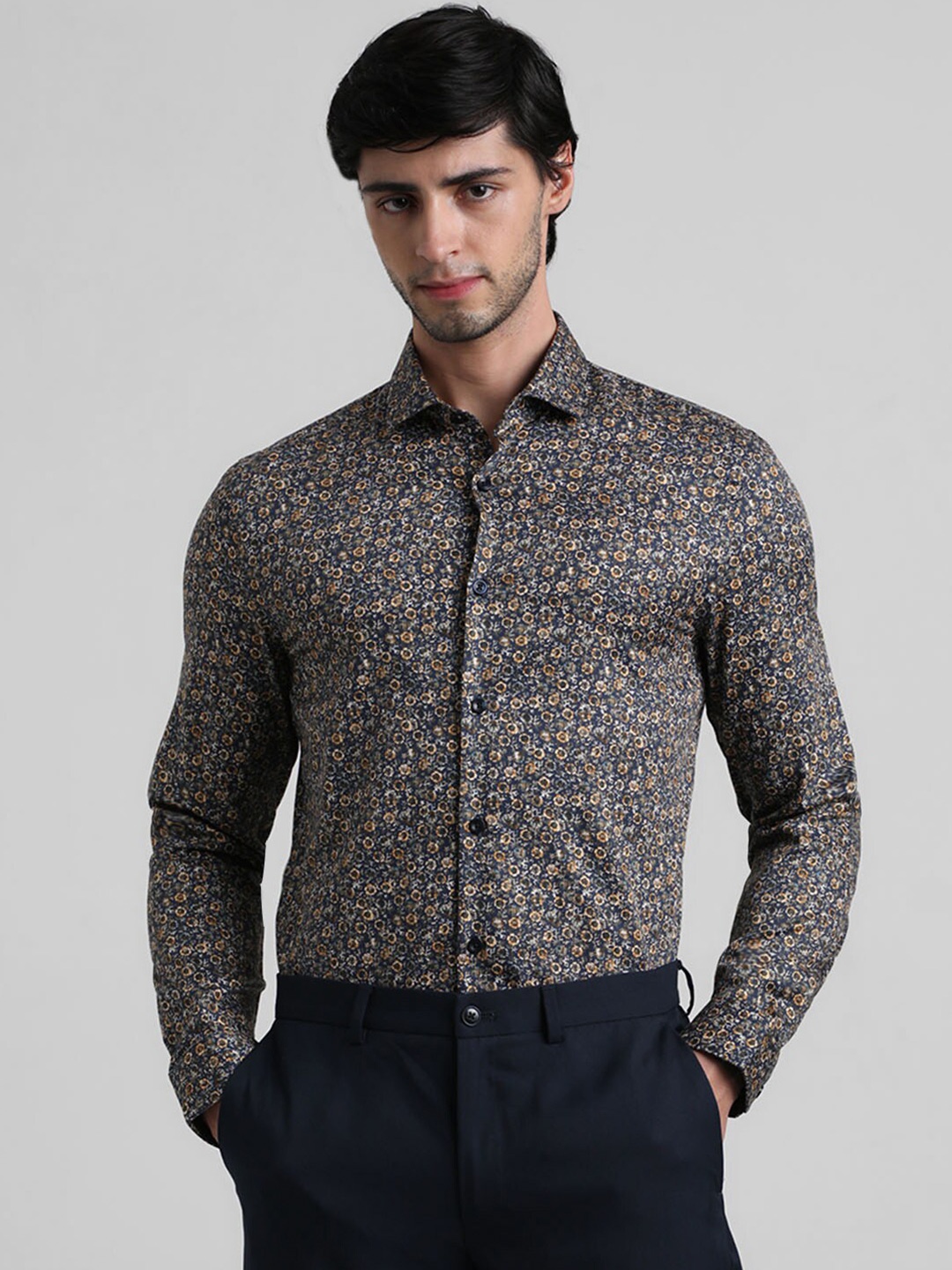 

Jack & Jones Floral Printed Slim Fit Comfort Cotton Casual Shirt, Navy blue