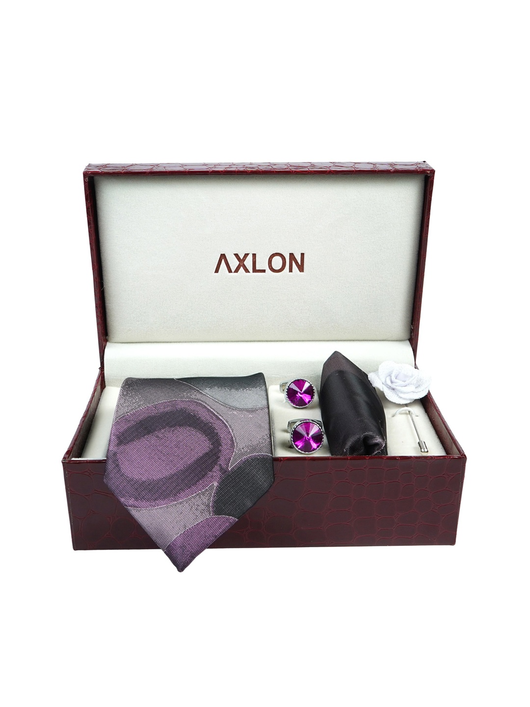 

AXLON Men Printed Tie Set With Pocket Square, Cufflink & Flower Pin, Purple